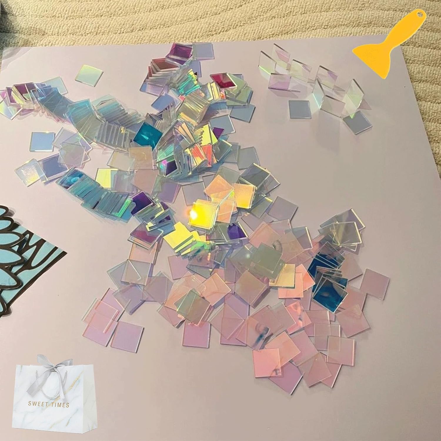 Mini Iridescent Acrylic Squares, Translucent Rainbow Holographic Plexiglass Tiles, for Mosaic Art, DIY Crafts, Light & Shadow Projects (200pcs,1.18 * 1.18 in)