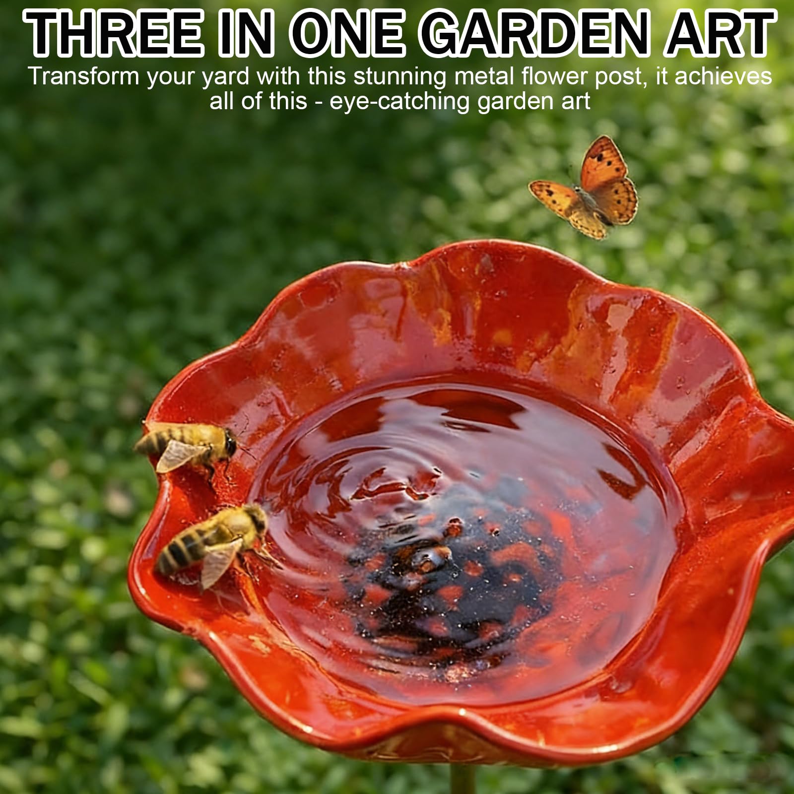 Blumen Gartenstecker Vogeltränke, Metall Blume Bienentränke Für Den Garten, Handmade Metal Flower Garden Stake Bird Bath, Insektentränke Gartens Für Bienens Schmetterlingstränke (3 Stück) - 2