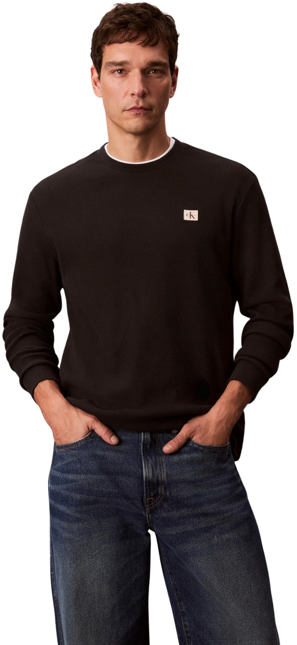 Calvin Klein Men’s Waffle Badge Long Sleeve Top with Round Neck, Black (Black), S
