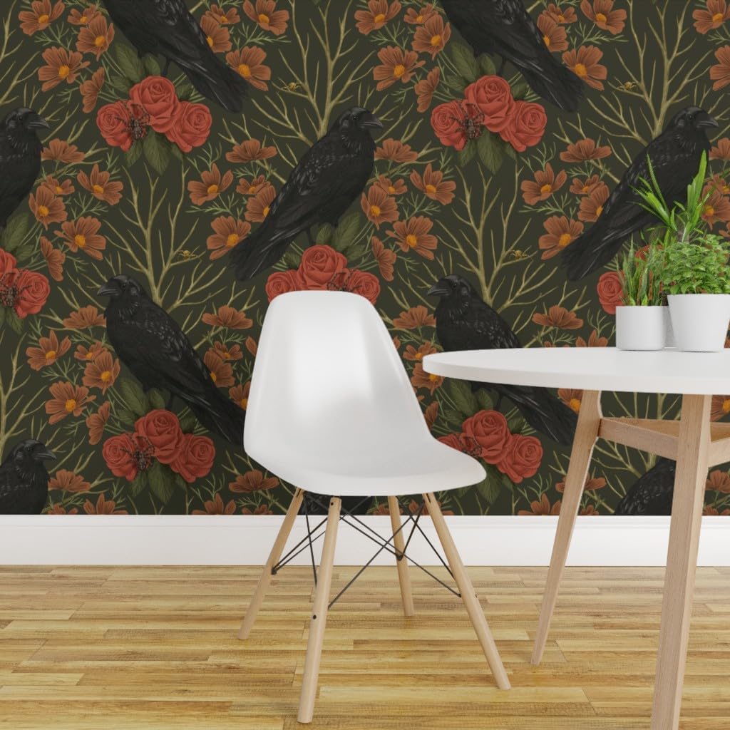 Removable Wallpaper Swatch - Art Nouveau Ravens Nature Rose Gothic Moody Witch Custom Pre-Pasted Wallpaper by Spoonflower