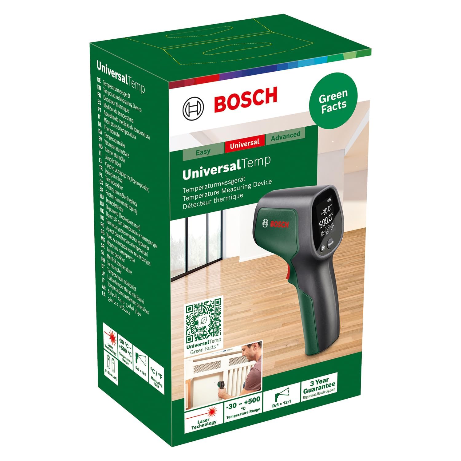 Bosch Termómetro de Infrarrojos UniversalTemp (de -30 °C a +500 °C, medición fácil y precisa, 3 grupos de materiales predefinidos, en caja de cartón)