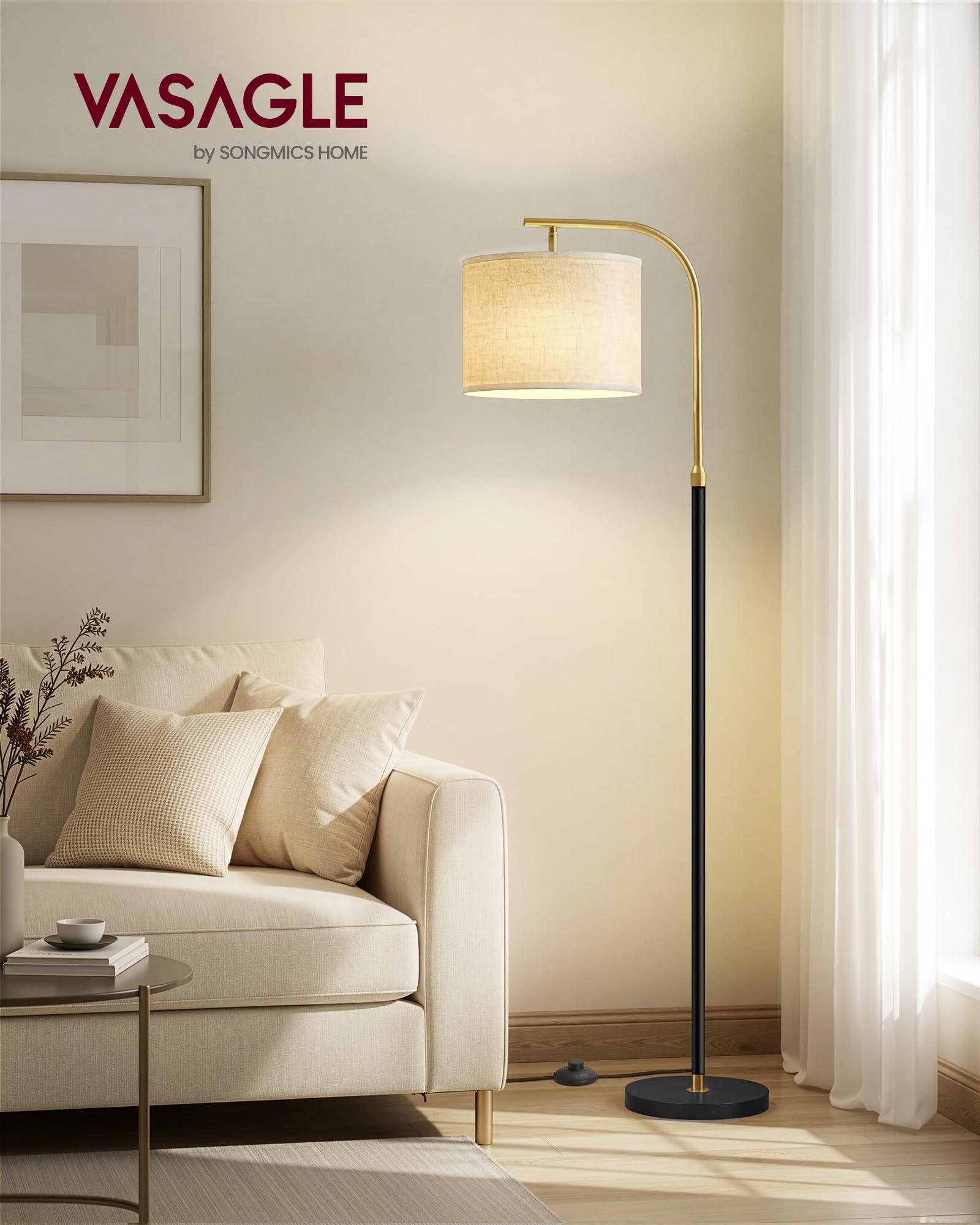 VASAGLE Lampada da Terra ad Arco, Lampada da Lettura Regolabile in Altezza, 150-175 cm di Altezza, Moderna, con Interruttore a Pedale, Paralume in Tessuto, Attacco E27, Nero Opaco LFL006BD02