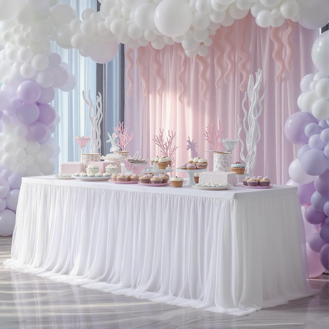 2-in-1 White Tablecloths with Tulle Table Skirt for 6 Foot Rectangle Tables, Party Ruffle Tutu Table Skirt Stretch Fitted Covers for Wedding Reception