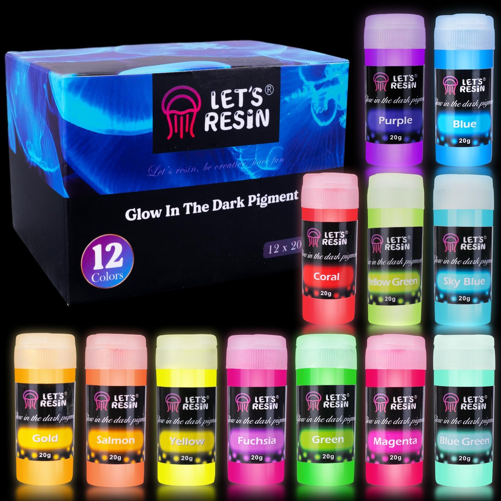 12 Colors Glow in The Dark Pigment Powder - 20g/0.7oz Each Bottle Epoxy Resin Luminous Pigments Long Lasting for Nails, Acrylic Paint, Halloween Decoration,Art,Crafts