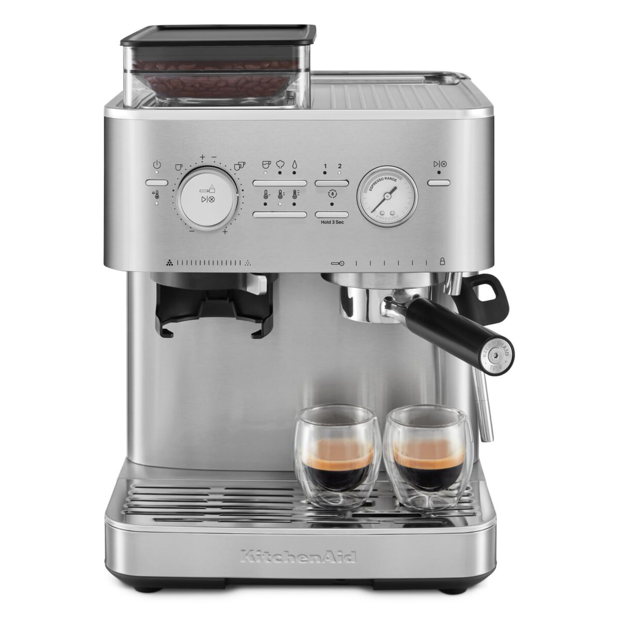 KitchenAid Macchina da caffè espresso semiautomatica con macinino integrato - 15 impostazioni di macinatura, controllo PID, pompa 15 bar, beccuccio vapore e design in acciaio inox - Acciacio