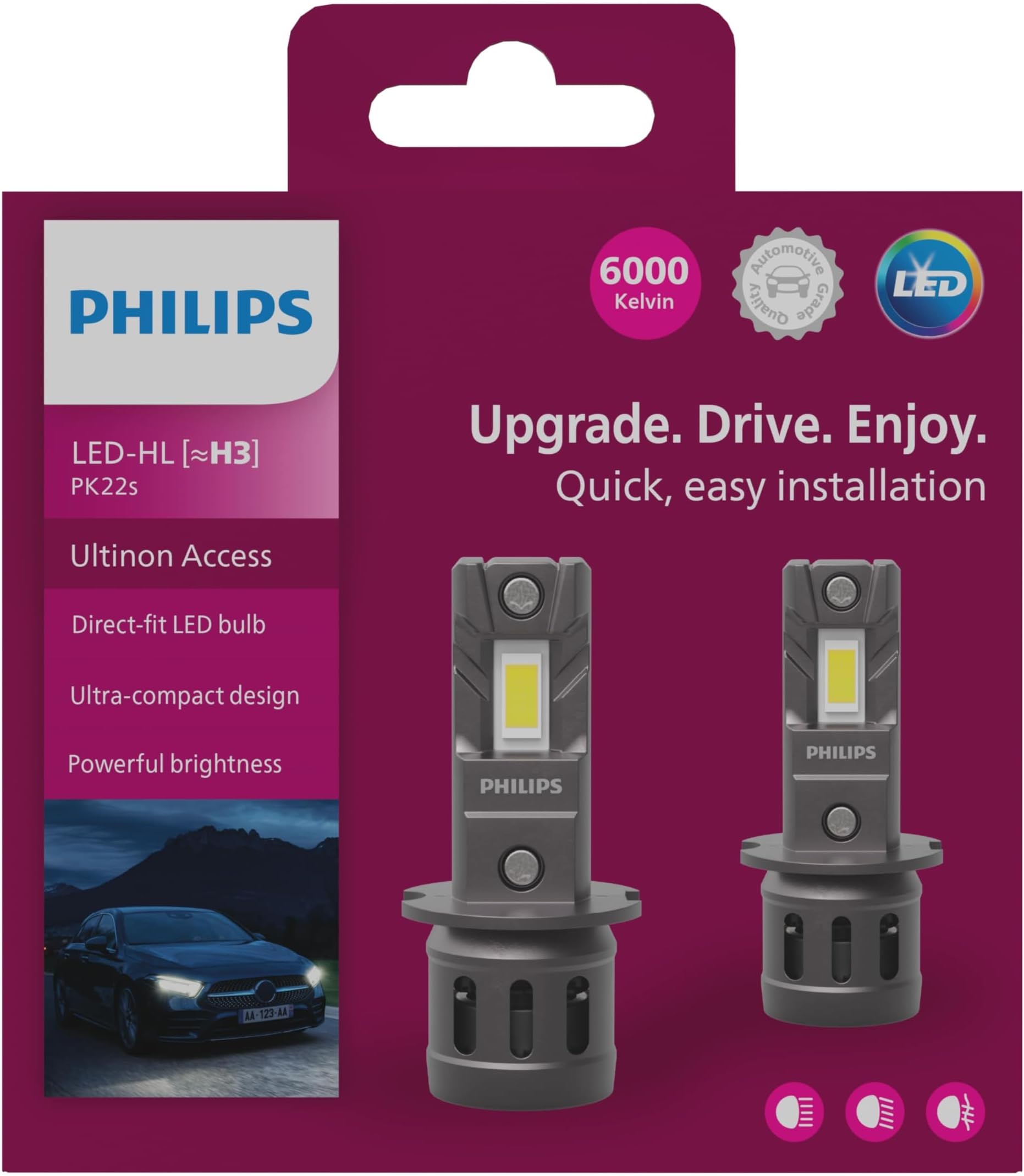 Philips Ultinon Access LED car headlight bulb (H3), ultra-compact direct-fit, 80%, 6000K, set of 2