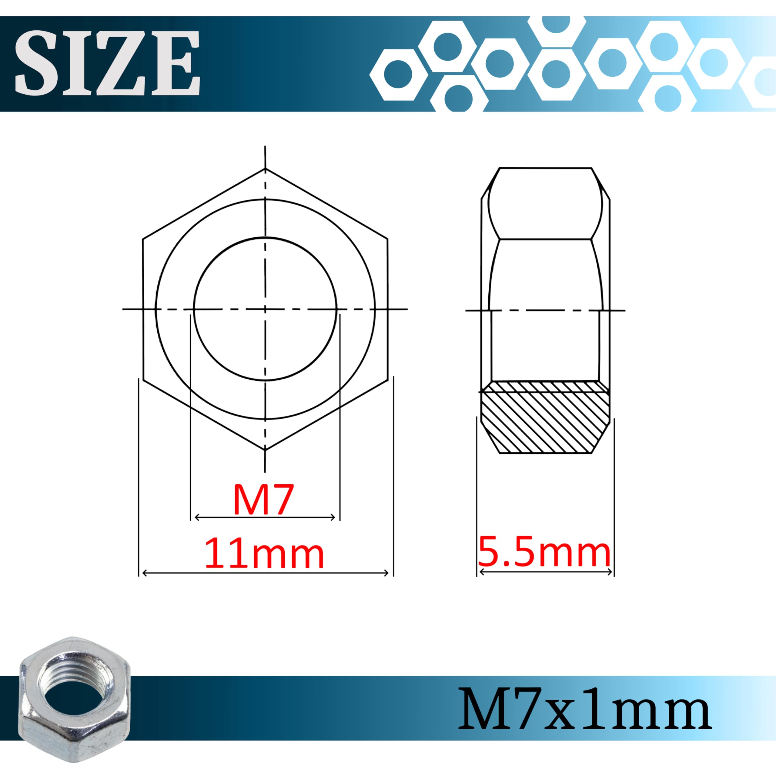 AERZETIX - Set di 30 Dadi esagonali M7x1mm a 6 lati con filettatura metrica - in acciaio zincato - colore argento - ideali per progetti fai da te elettronica e meccanica