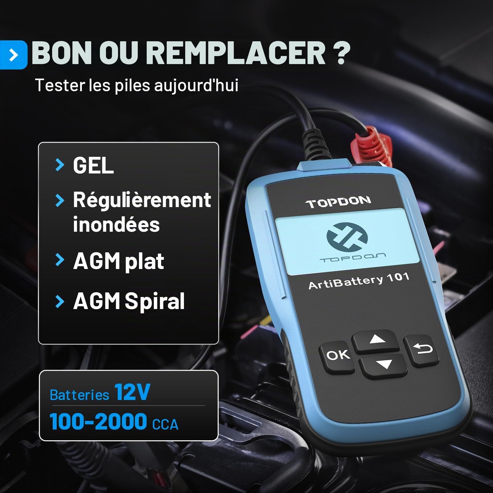 TOPDON Testeur de Batterie AB101 100-2000 CCA Testeur Batterie Voiture 12v