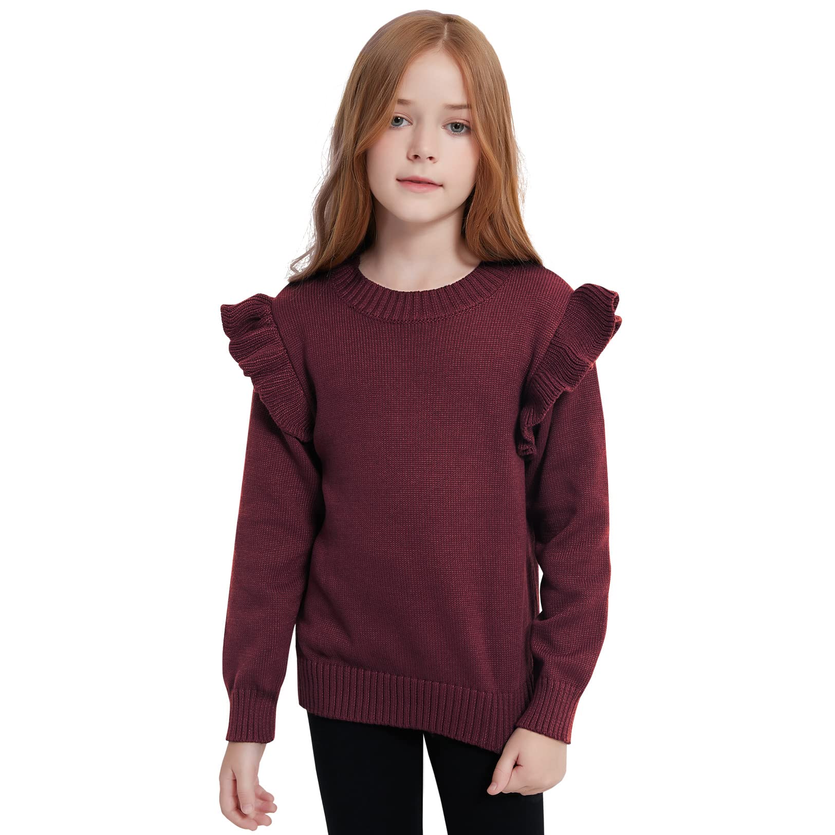 Mirawise Girls Sweater Pullover Warm Cozy Sweaters Crewneck Thick Winter Outwear with Ruffle 6-13Y