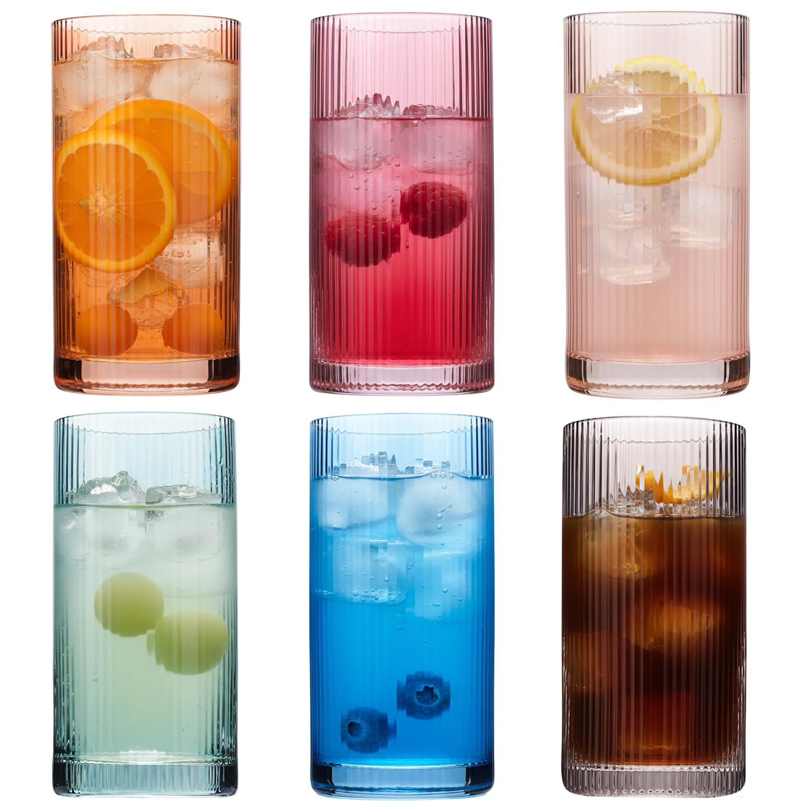 Physkoa Colored Ribbed Drinking Glasses Set of 6 - Vintage Highball Glasses Colorful Embossed Ribbed Design Tumbler Glass