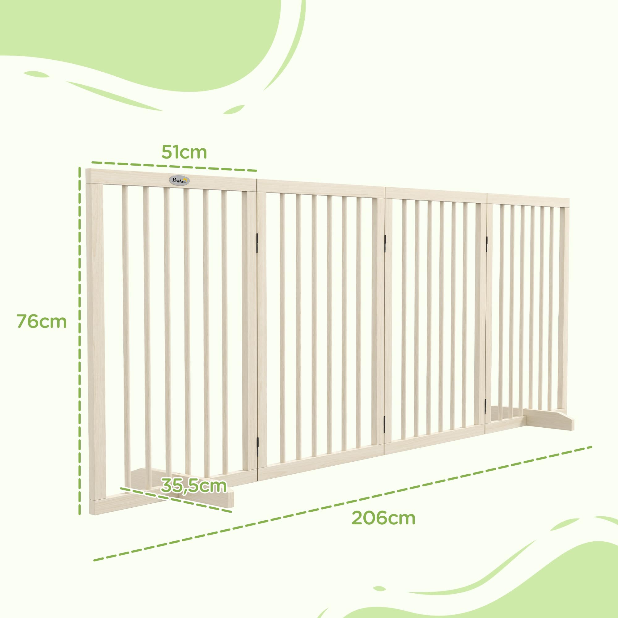 PawHut Barrière de Sécurité pour Chien, Barrière de Protection Modulable Pliable à 4 Panneaux, Clôture pour Animal Domestique en Bois avec Pieds de Support - Dim. 206 x 35,5 x 76 cm Bois Naturel