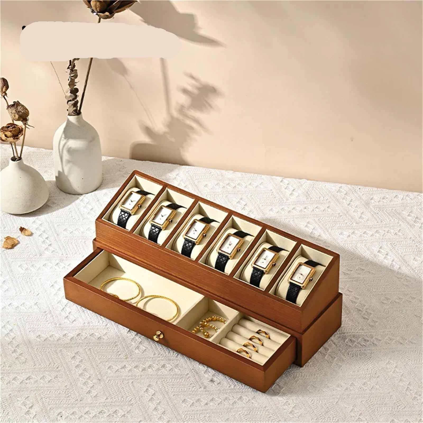 Caja para Relojes de Madera Caja organizadora de madera for 6 relojes | Almacenamiento de exhibición de muñeca de joyería de doble capa(Gray)