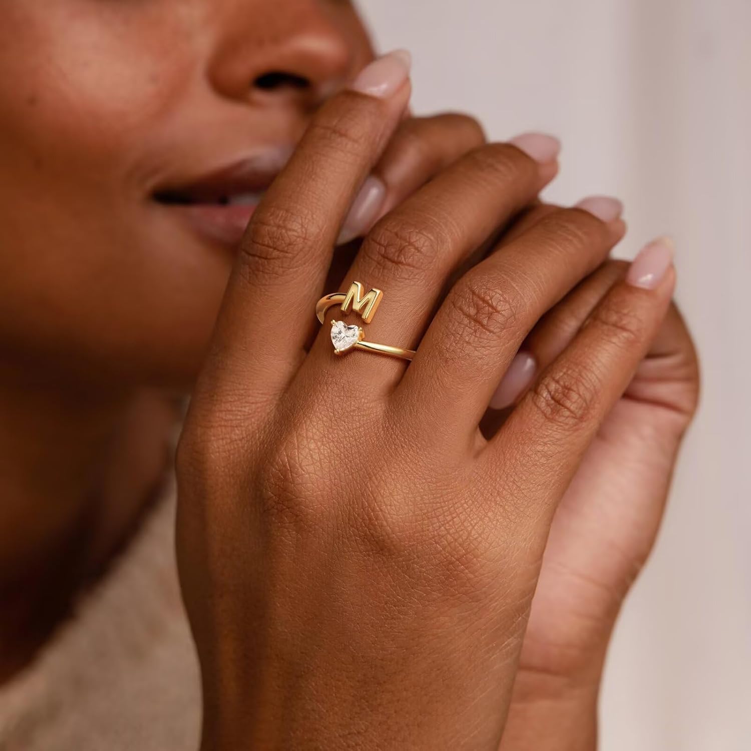 M MOOHAM Initial Ring for Women Girls - Adjustable Rings Dainty 14K-Gold-Plated Rings for Women Initial Love Heart Ring Jewelry Personalized Birthday Gifts for Mom Wife Girlfriend Teen Girls - Image 4
