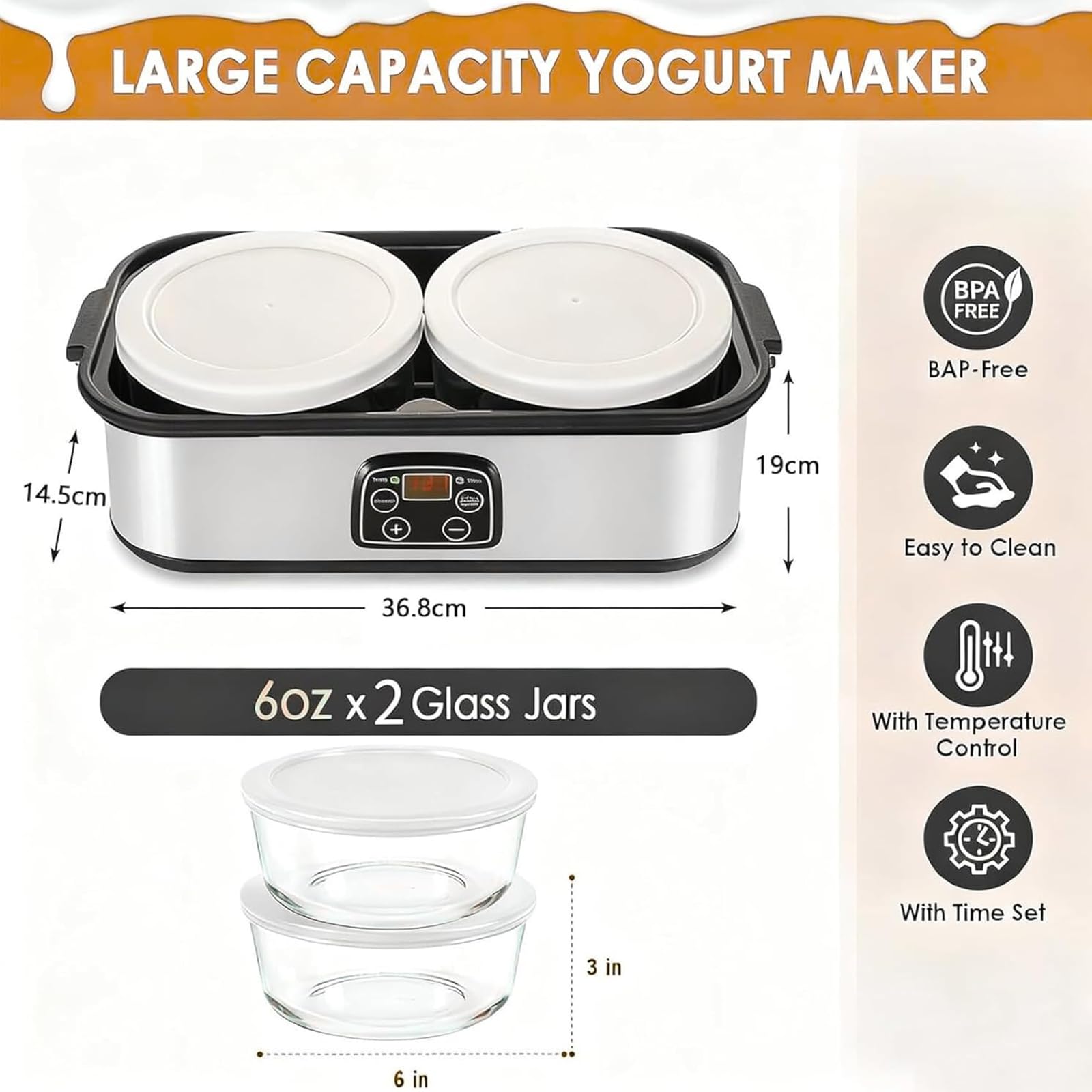 Yogurtiera Automatica da 2000 ml con 2 vasetti di Vetro, Yogurtiera in Acciaio Inossidabile con Display a LED, Controllo Tempo e Temperatura Regolabile fino a 48 Ore, per Yogurt Biologico Fatto in Cas