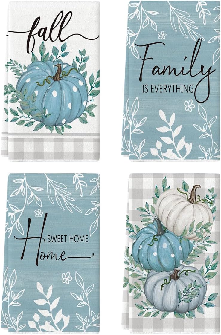 Artoid Mode Blue Polka Dot Pumpkin Fall Kitchen Towels Dish Towels, 18x26 Inch Buffalo Plaid Autumn Leaves Decoration Hand Towels Set of 4 Aqua/Beige