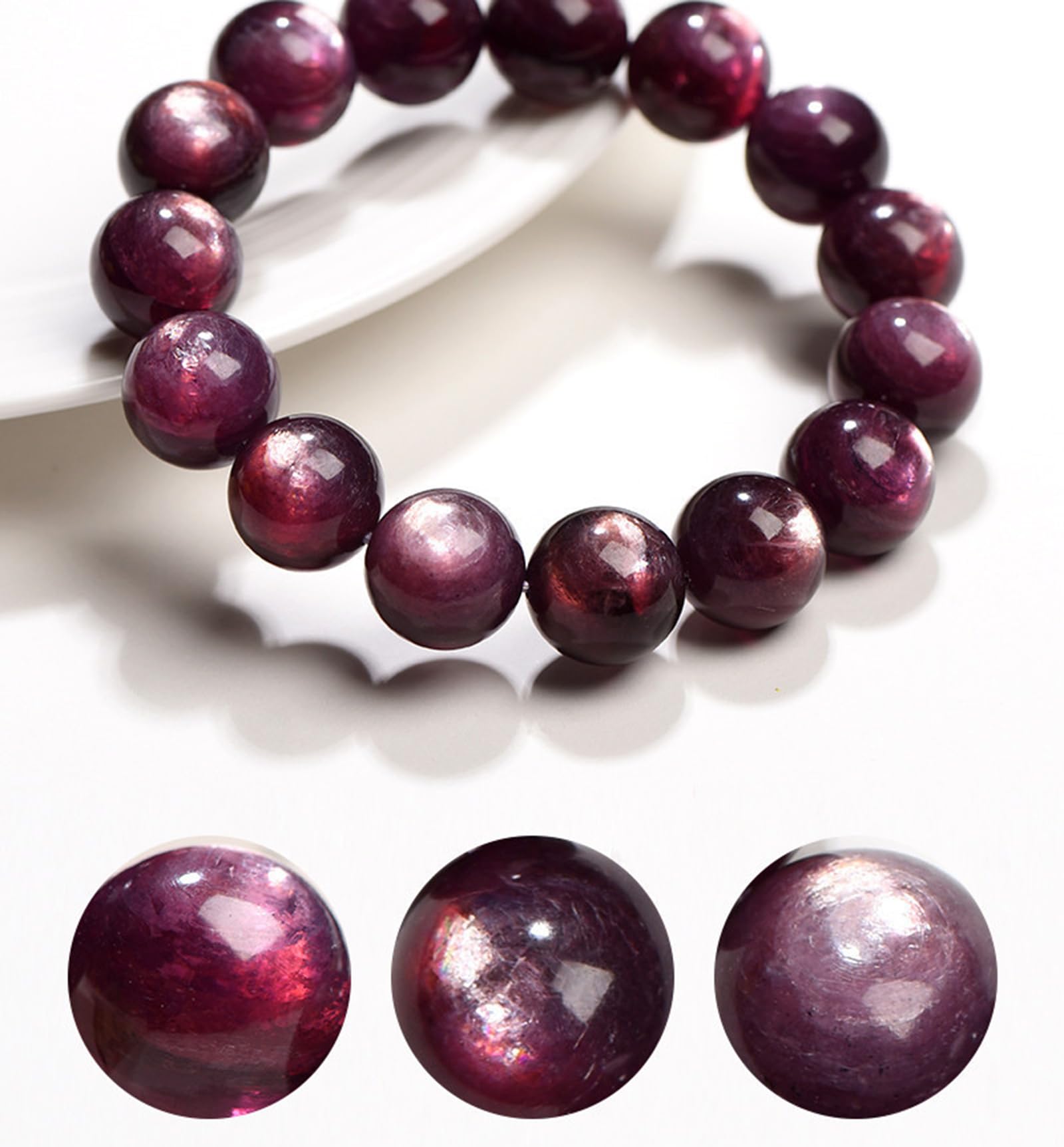 Bracciale con Perline Rotonde di lepidolite Viola Naturale, Filo di Pietre preziose di Mica e Occhio di Gatto con Scaglia di Drago Viola, Braccialetto energetico Unisex,8~9mm