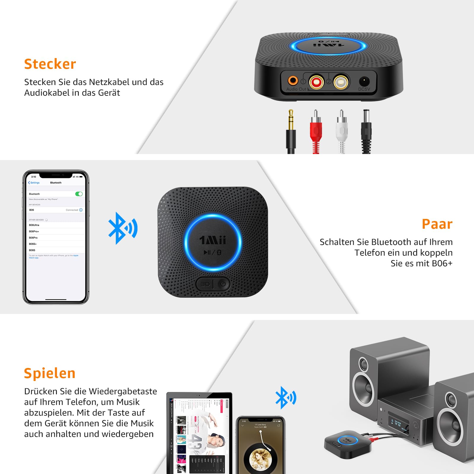 1Mii B06 Plus Bluetooth HiFi Empfänger, Drahtloser Audio Adapter, aptX HD aptX-Adaptive Bluetooth 5.3 Receiver mit 3D Surround arbeitet mit Smartphones und Tablets für Stereoanlage Lautsprecher