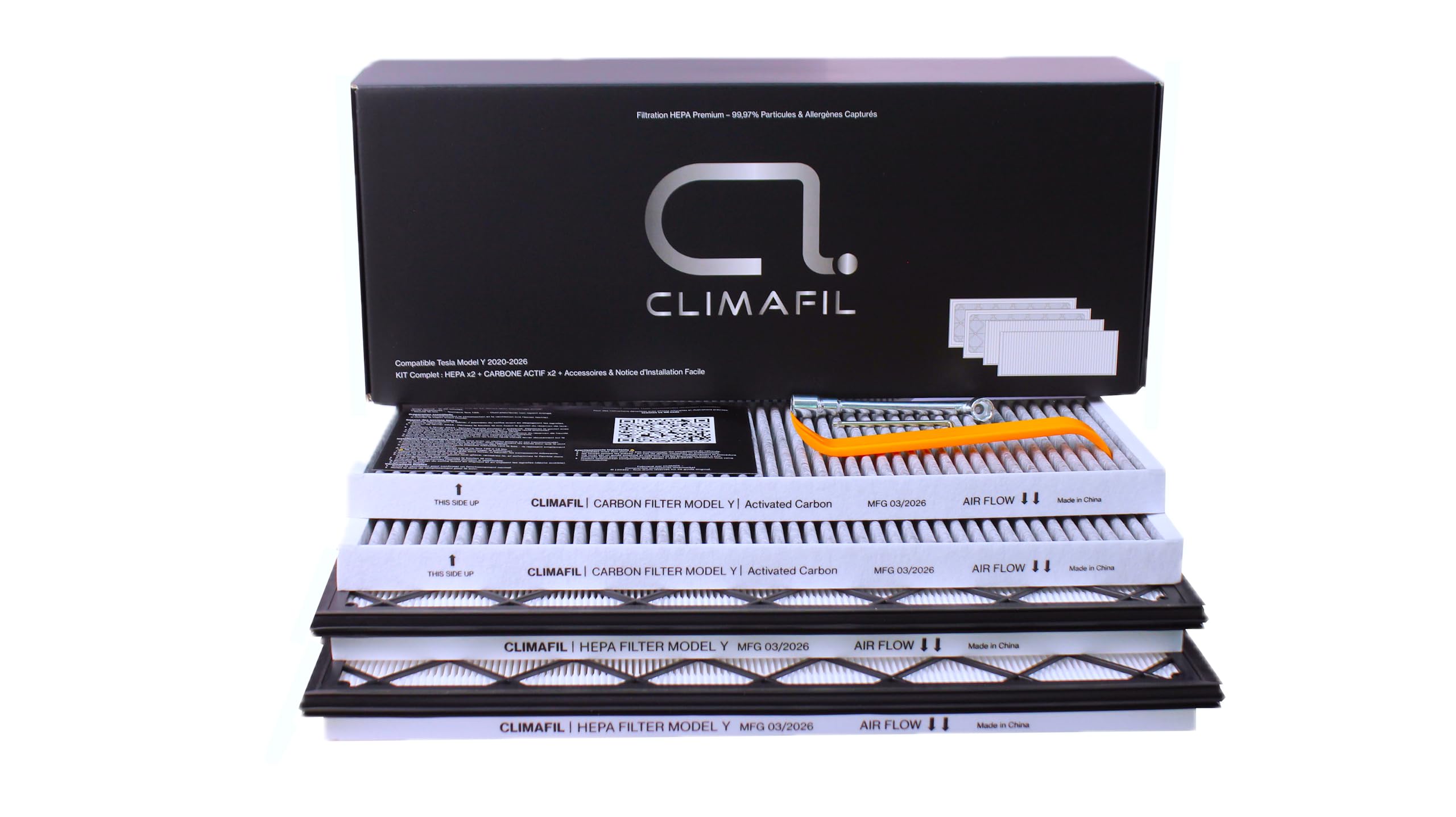 Kit de 4 filtres à air (2 Filtres HEPA+2 Filtres à Charbon Actif) Compatible Tesla Model Y 2020-2026 pour Climatisation Habitacle Coffre Avant - Lot de 4 + Outils Installation