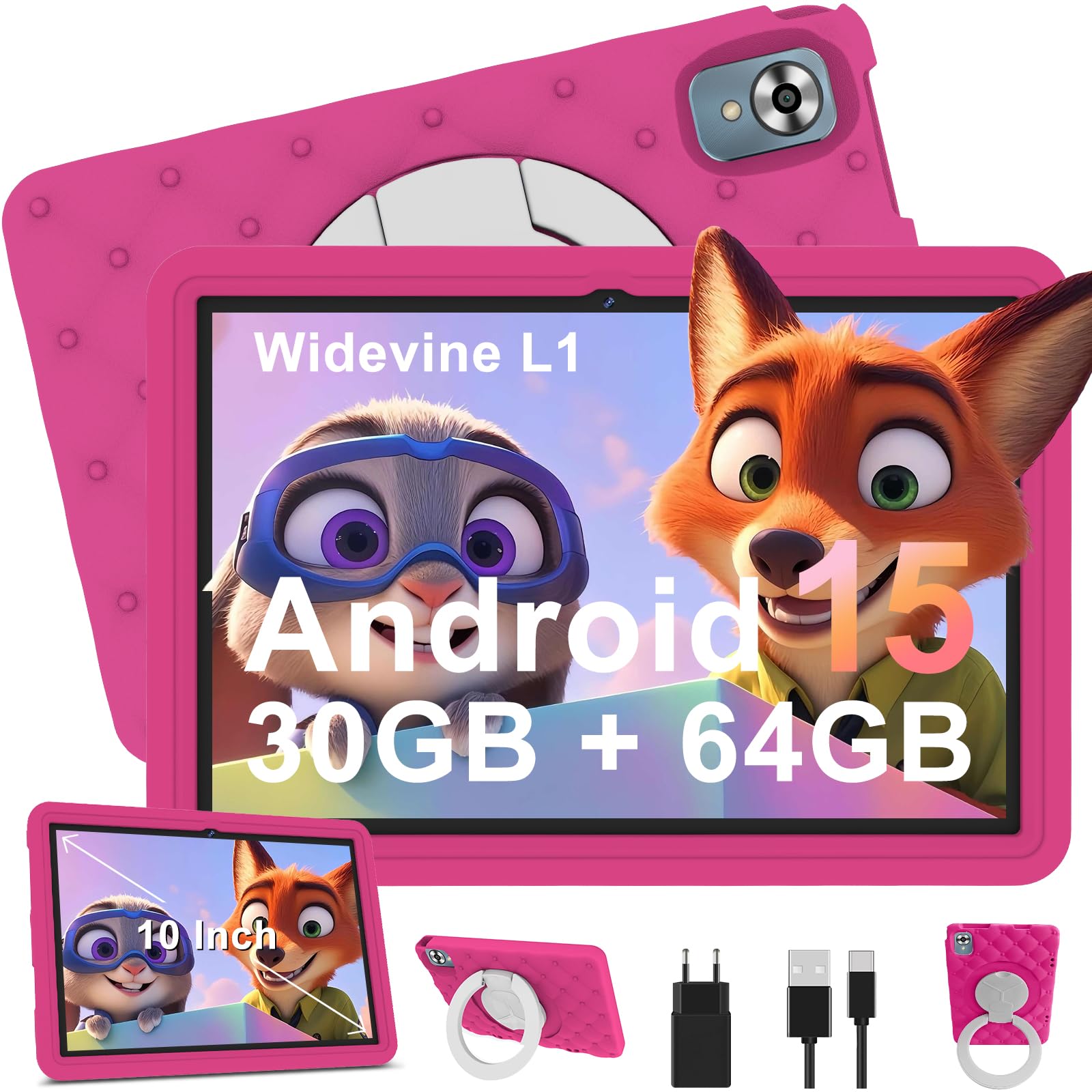DMOAO Tablet Bambini 10 Pollici Android 15 con 30GB RAM, 5G Wi-Fi 6, 64GB ROM(2TB), Control Parental, Octa-Core, 8MP+5MP, 6000mAh, Custodia Protettiva EVA + Supporto Girevole a 360°, Rosa Rosso