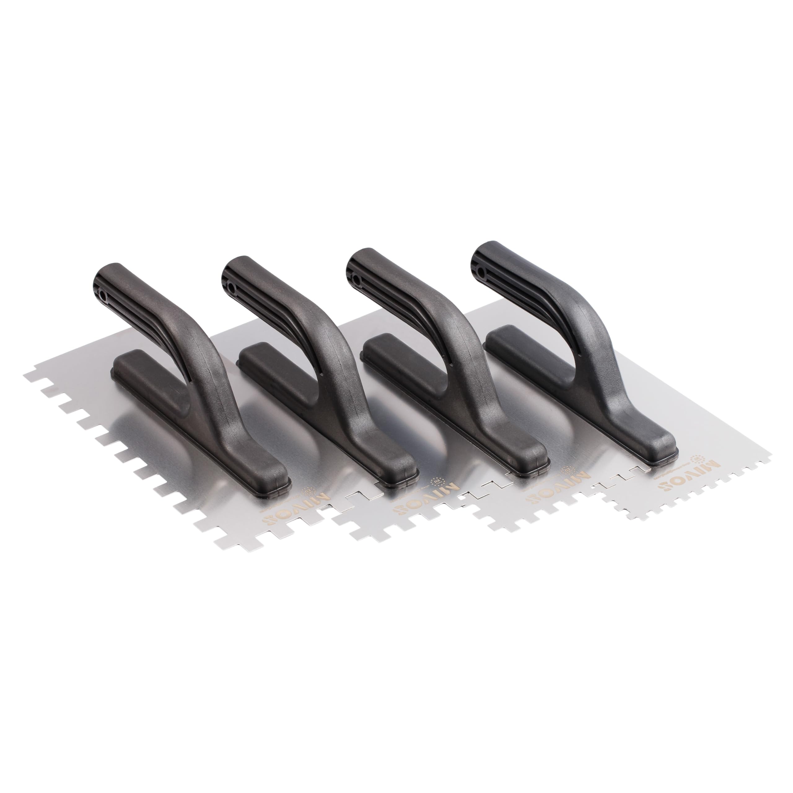 Mivos Kit de paletas dentadas de 4 piezas - Paleta dentada de acero inoxidable 6x6 8x8 10x10 12x12 mm - 270 x 130 con mango de plástico - inoxidable - Paleta con reborde - Fabricada en la UE