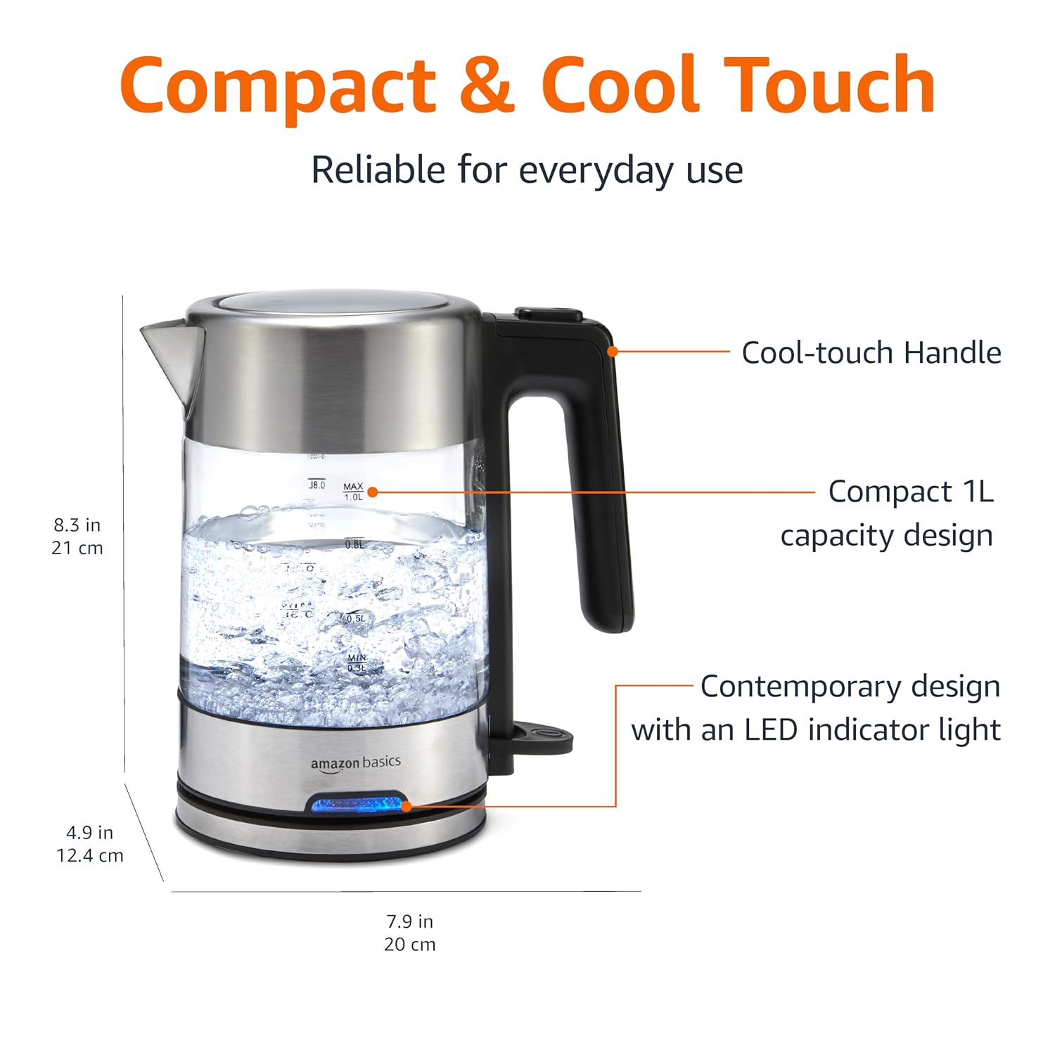 Amazon Basics Electric Kettle with Glass Carafe for Tea and Coffee, BPA-Free, Fast Boiling, Auto Shut-Off, 1.8 Quarts, 1500W, Black and Silver, view 15
