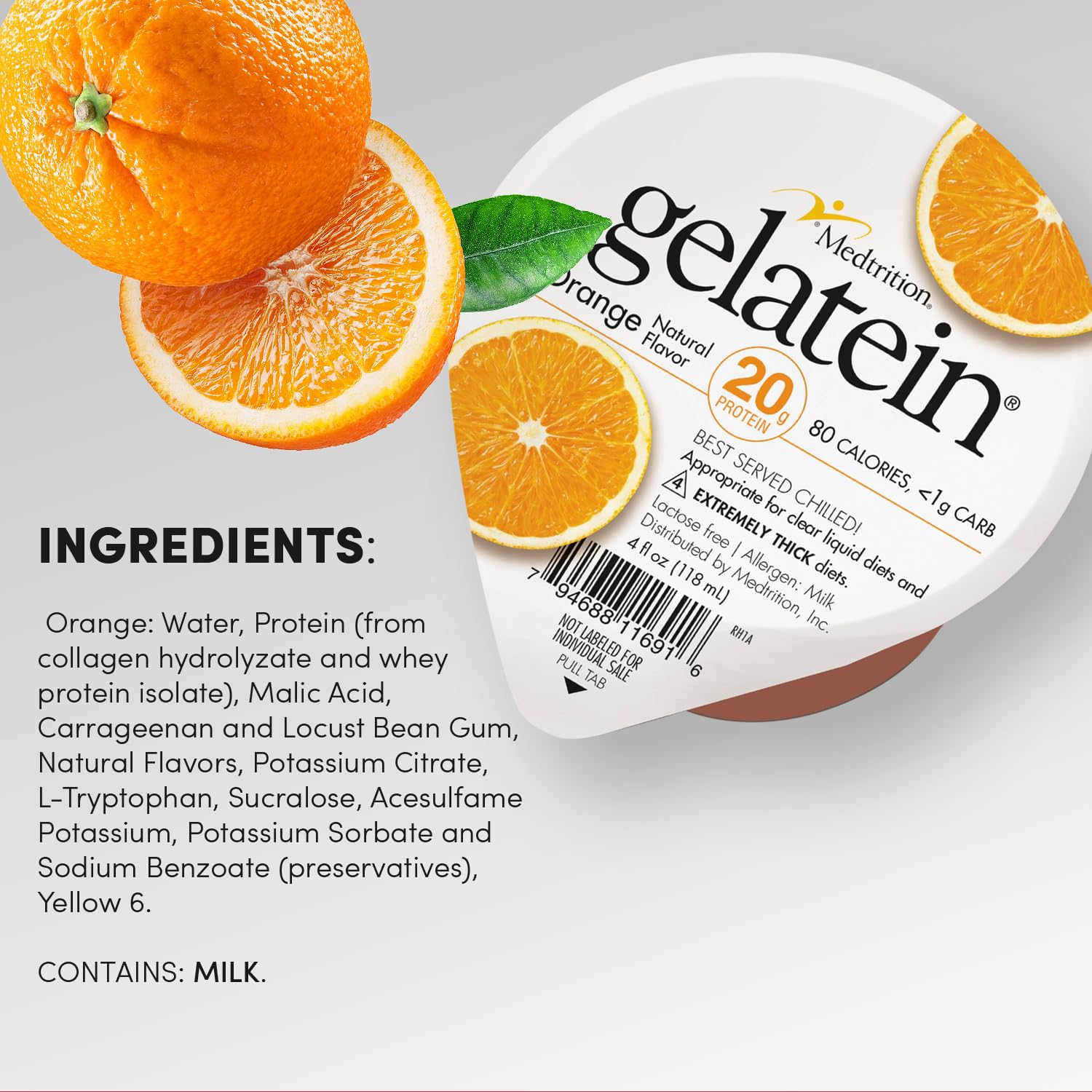 Gelatein Orange: 20 grams of protein. Sugar free. Ideal for clear liquid diets, swallowing difficulties, bariatric, dialysis and oncology. Great pre or post-workout snack. (12 pack)