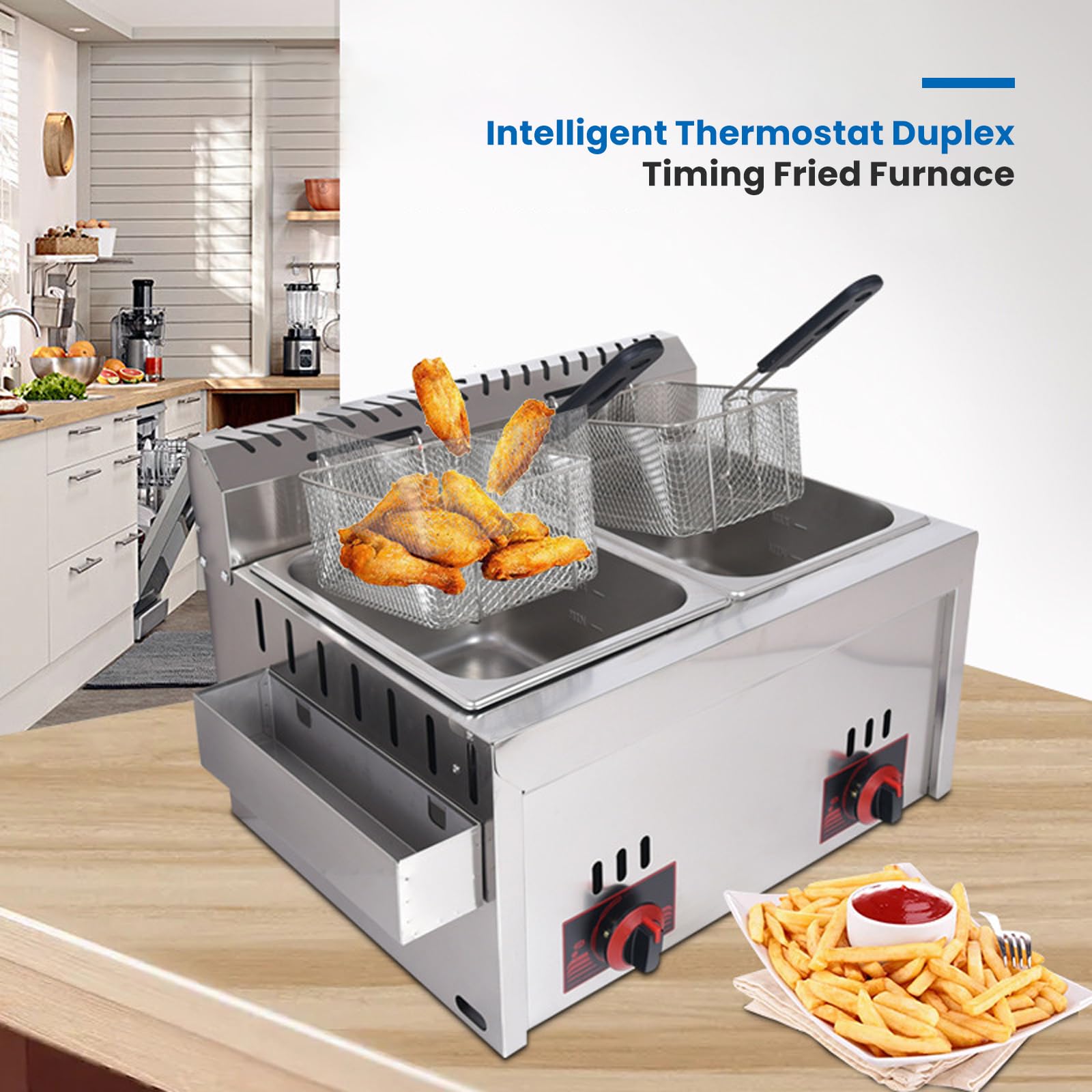 Freidora de gas de acero inoxidable con doble depósito y cabezal de freidora giratoria, freidora de aceite de encimera con copas de patatas fritas, 20 litros de volumen, freidora doble para cocina,