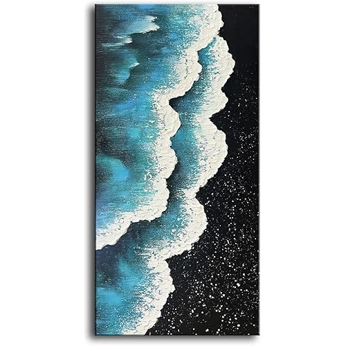 YaSheng Art - Oil Painting on Canvas Texture Black and White Blue Ocean scenery sandbeach 3D Oil Painting Hand-Painted Abstract Artwork Paintings Modern Home Decor Living room sofa bedroom dining room hanging pictures Canvas Wall Art 24x48inch