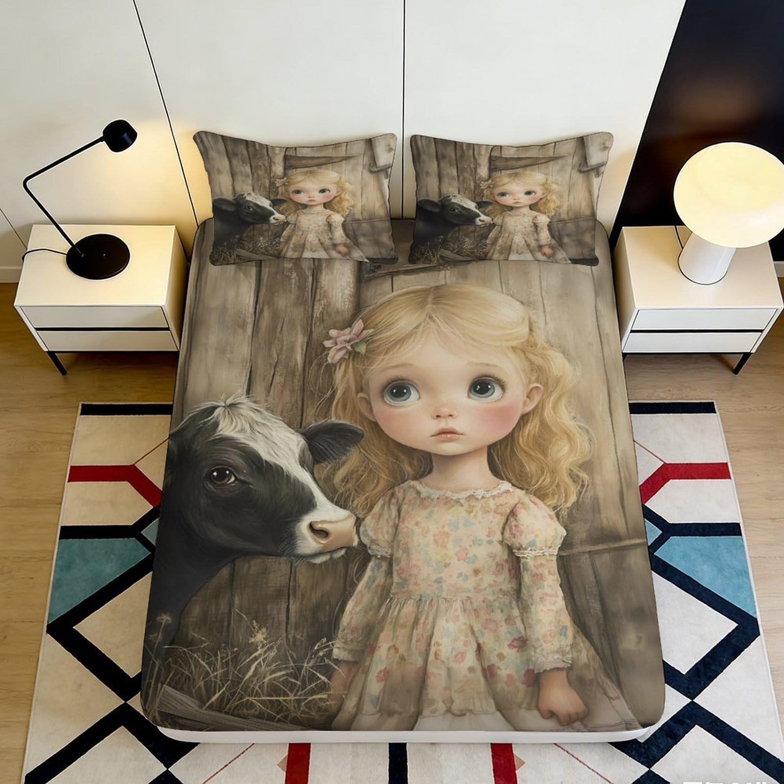 3D Printed Pastoral Animal Fitted Sheet Microfiber Deep Pocket Bedroom Bedding Set Non-Slip Pastoral Animal Mattress Fitted Cover Washable for Adults Teens 160x200x25cm