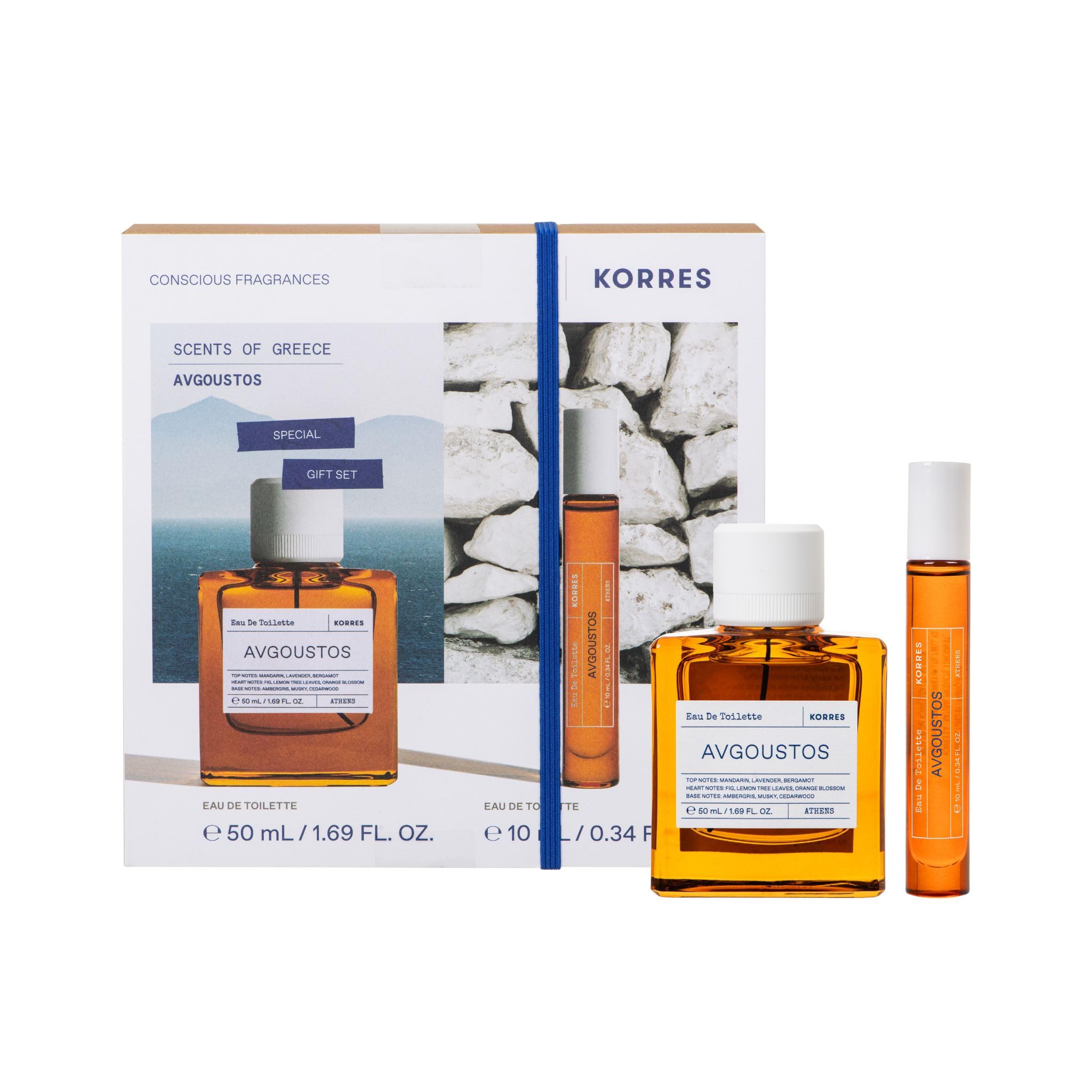 KORRES AVGOUSTOS Duftset – Eau de Toilette 50ml & Duft Reisegröße Roll-On 10ml, warmer sommerlicher Unisex-Duft, aromatisch und sinnlich, ideal für unterwegs & zum Kennenlernen, vegan