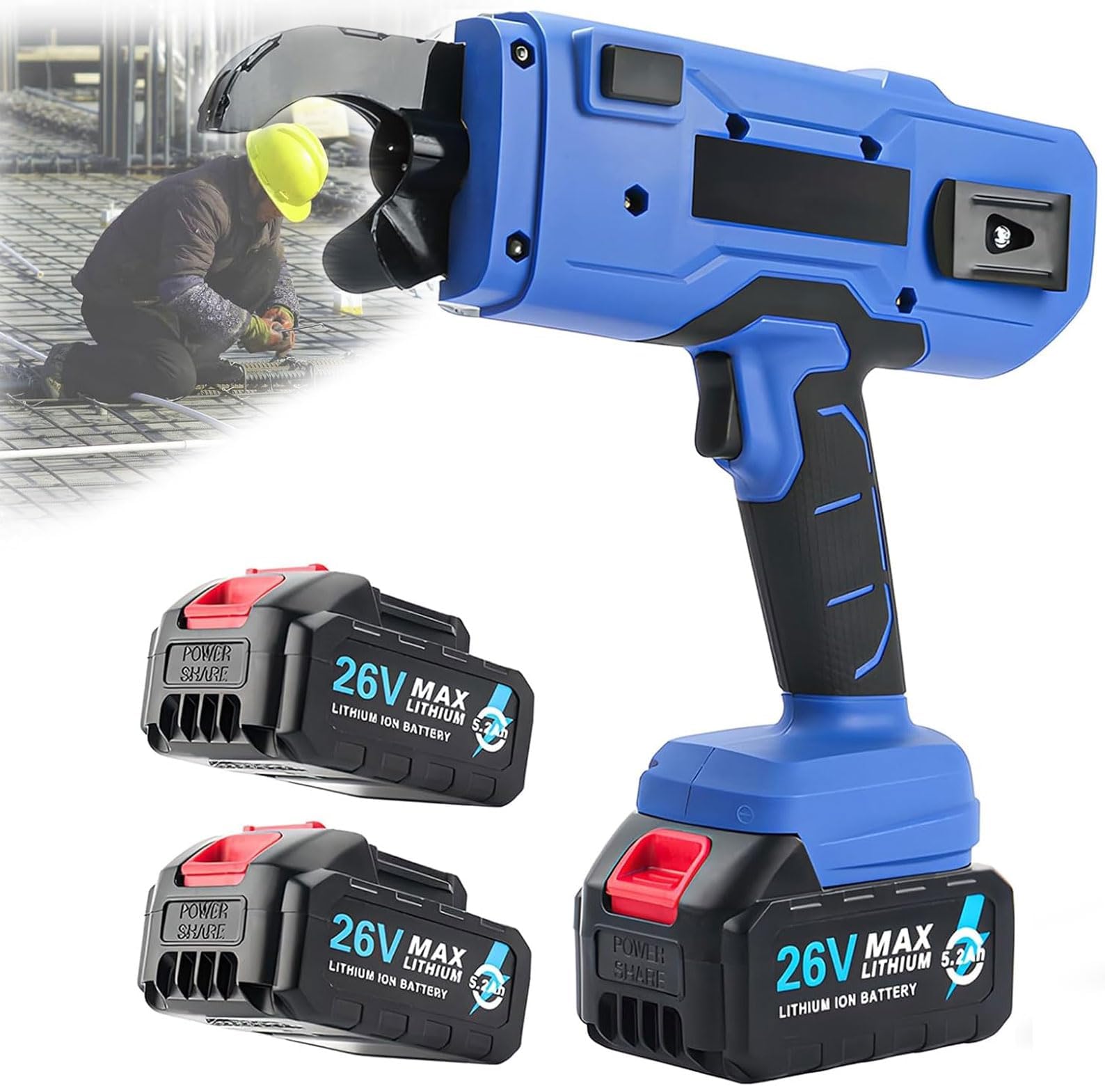 Portable Automatic Rebar Tie Gun, 8-32mm Bundling Range, 9-speed Adjustment, Lithium Battery Rebar Tying Device with 2pcs 5200mAh Batteries, for Construction Sites