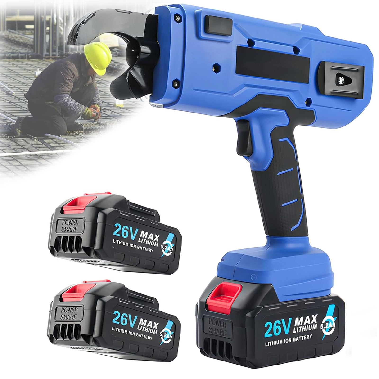 Pistola de amarre automática de barras de refuerzo, rango de agrupación de 8 a 32 mm, ajuste de 9 velocidades, funciona con batería de litio con 2 baterías de 5200 mAh para obras de construcción