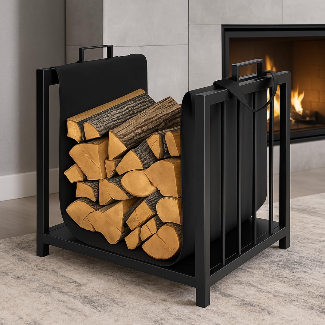 Kaminholzregal Innen - Schwarz 50,5 x 50 x 37 cm - Korb für Kaminholz -Metal Brennholzregal Außen - Kaminholz Aufbewahrung Innen - Holzlager außen Wetterfest -Holzstapelhilfe