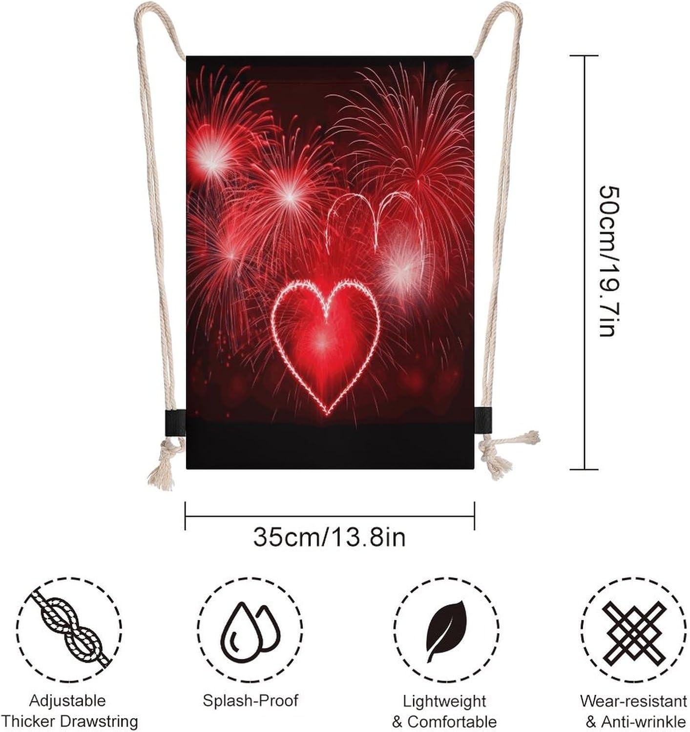 Red Hearts Fireworks Drawstring Bag Splash-Proof,Gym Bag with Adjustable Straps,Sackpack for Sports,Gym,Travel,Swimming