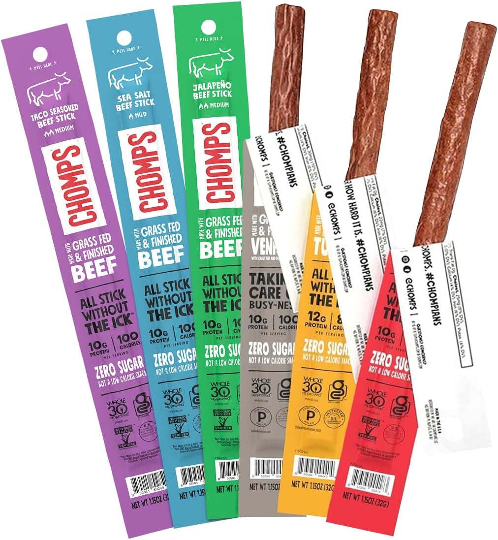 Chomps 6 Flavor Variety Trial Pack - Grass-Fed & Finished Beef and Venison & Antibiotic Free Turkey Meat Snack Sticks, Keto, Paleo, Low Carb, Whole30 Approved, Gluten Free, Zero Sugar Food