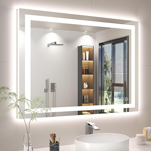 Espejo de baño LED de 40 x 30 pulgadas con luces, antiniebla, retroiluminado + luz frontal, espejo de tocador de baño iluminado para pared, función