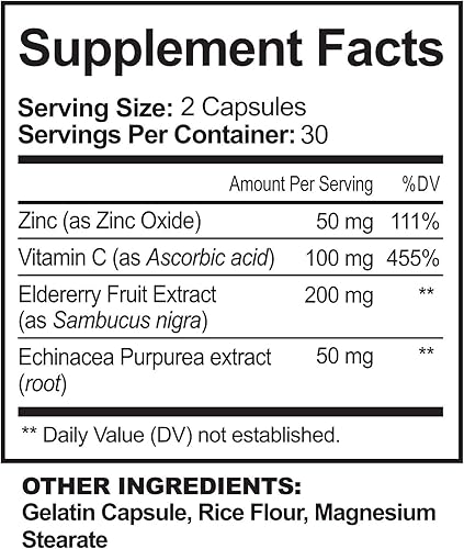 Miniatura 2 de NutriFlair Zinc 50mg - con vitamina C, saúco, extracto de equinácea purpura, óxido de zinc - Comparar con picolinato, citrato, óxido - píldoras