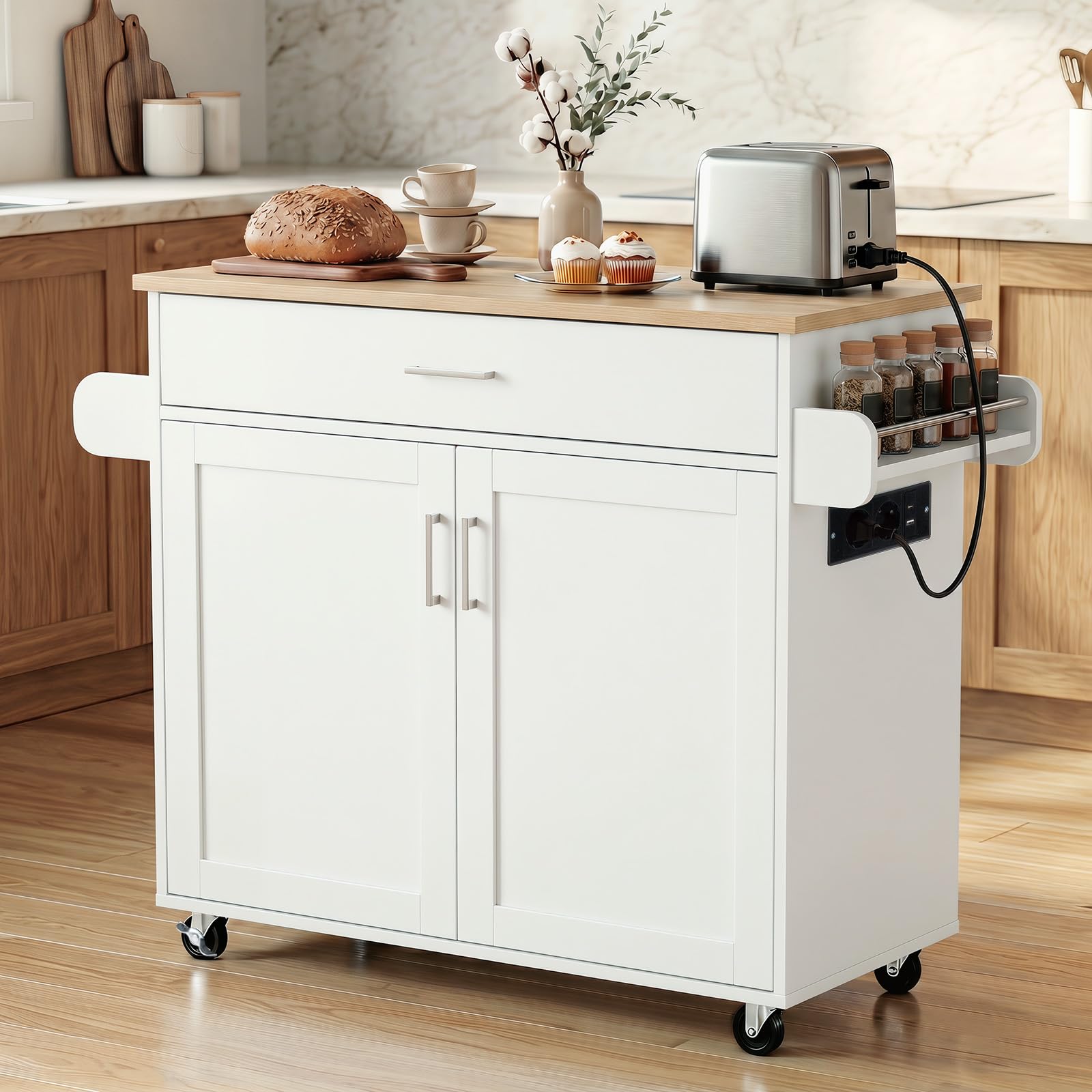 COSTWAY Carro de Servicio Comedor con Ruedas,Toallero,Cajón, Puerta y Estantes Gabinete, Carrito de Cocina con Alargador, Mueble de Cocina,Blanco