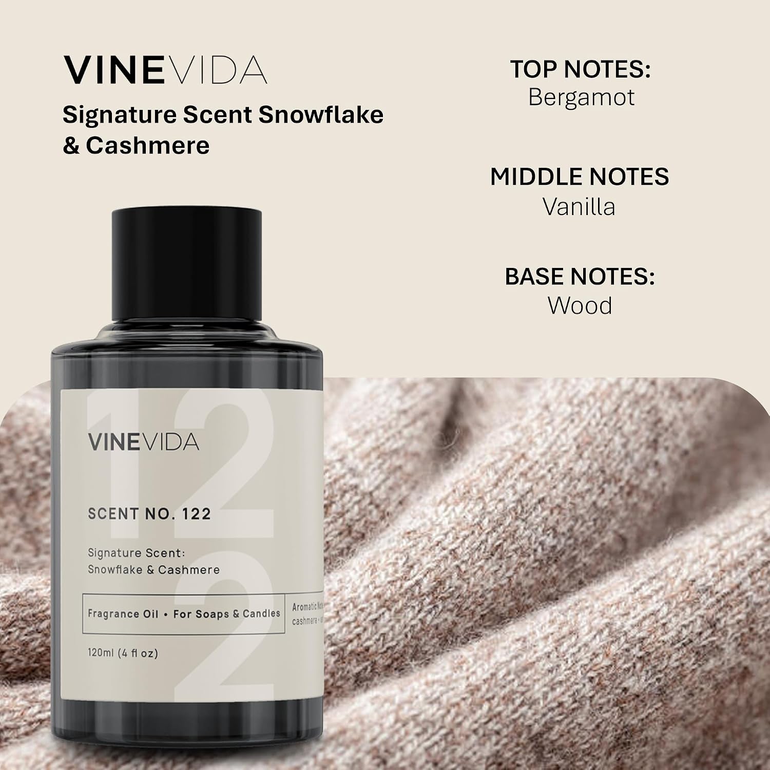 VINEVIDA Scent NO. 122 Fragrance Oil - 120mL (4oz) - Signature Scent: Snowflake & Cashmere Fragrance Oil for Candle Making - Made in USA Candle Scents Scents for Soap Making