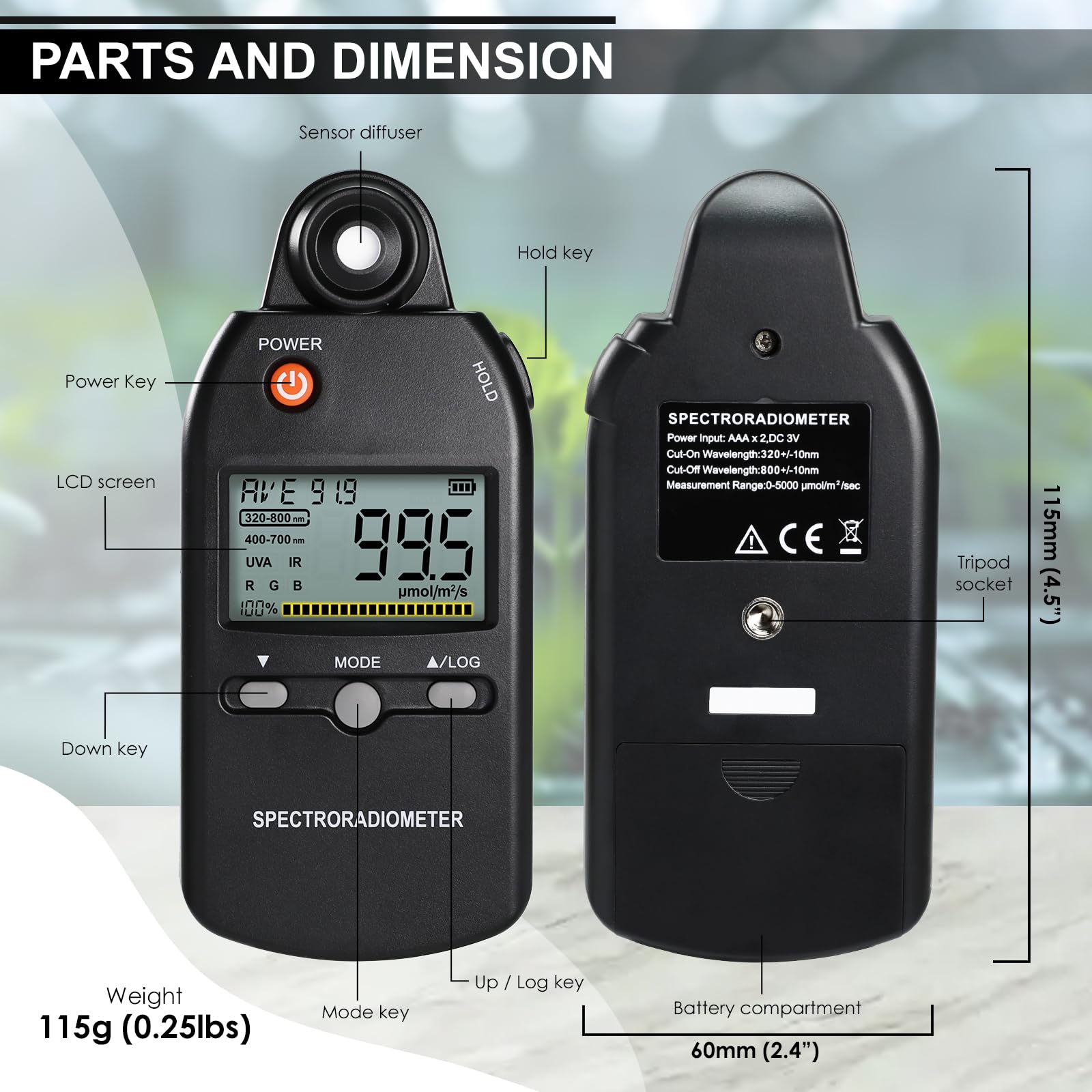 PAR Mètre 320-800 nm, Mesure PPFD Capteur de Lumière pour Plantes Mesurant PPFD, UVA et IR Pour LED de Croissance Affichage RGB, Mémoire de Données, Modes HOLD/MAX/MIN/AVG