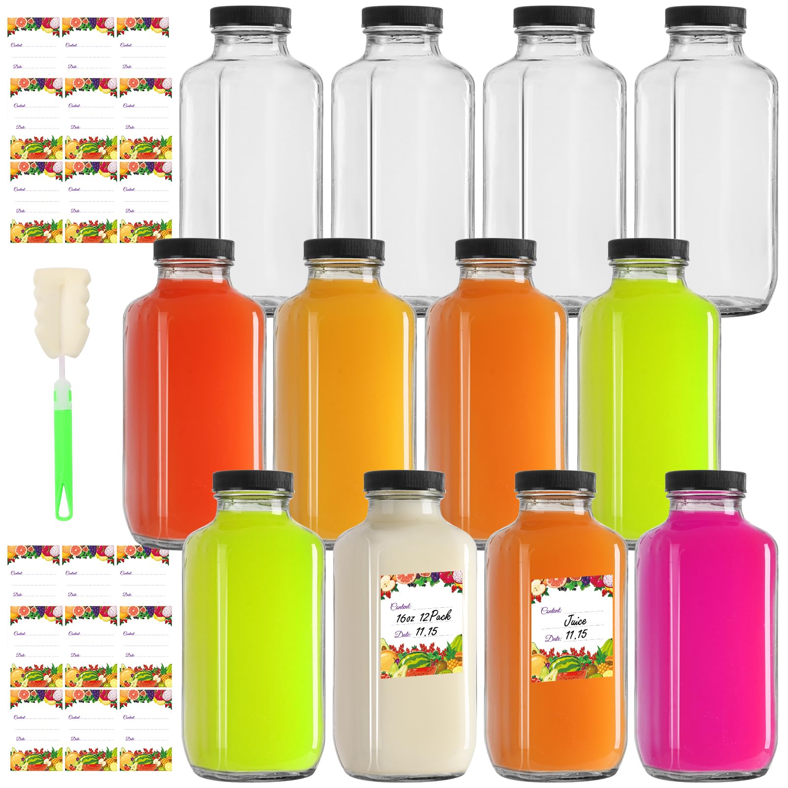EkkoVla 12 Pack 16 oz Glass Juice Bottles with Lids, Reusable Empty Drinking Jars Juice Containers Water Cups with Brush Labels for Juicing, Smoothies, Water, Milk, Kombucha Storage