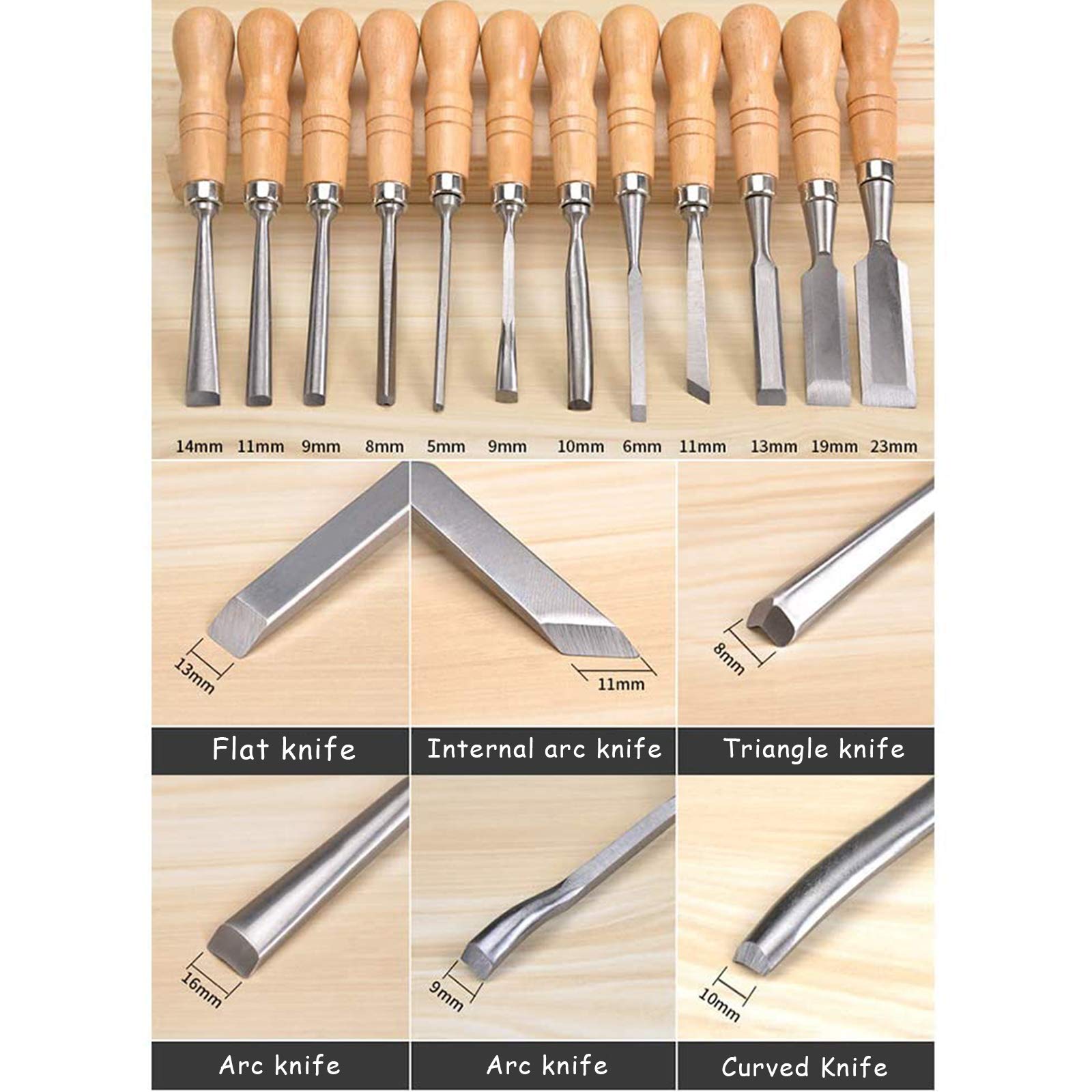 Juego de herramientas de cincel para tallado de madera, gubias para herramientas manuales profesionales para carpintería, 12 piezas, juego de cinceles para tallado de madera con caja de madera, cince