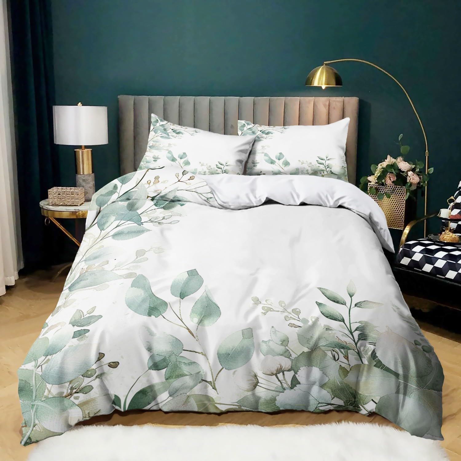 Parure de lit microfibre feuilles d'eucalyptus housse fermeture éclair