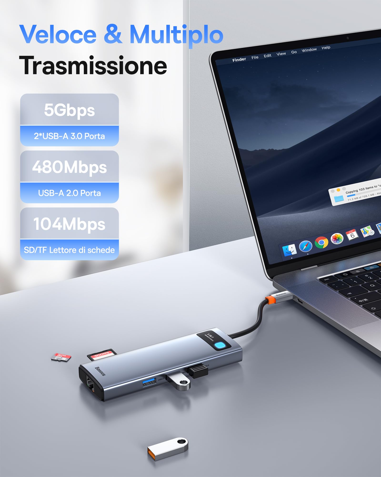 [Chip Ottimizzato] Baseus Docking Station 9 in 1 USB C 4K 120Hz, 2 Monitor HDMI, Hub USB C, Ethernet 1000 Mbp, PD 100W, TF/SD, USB 3.0, Adattatore per MacBook/Dell/HP/Lenovo e altri PC