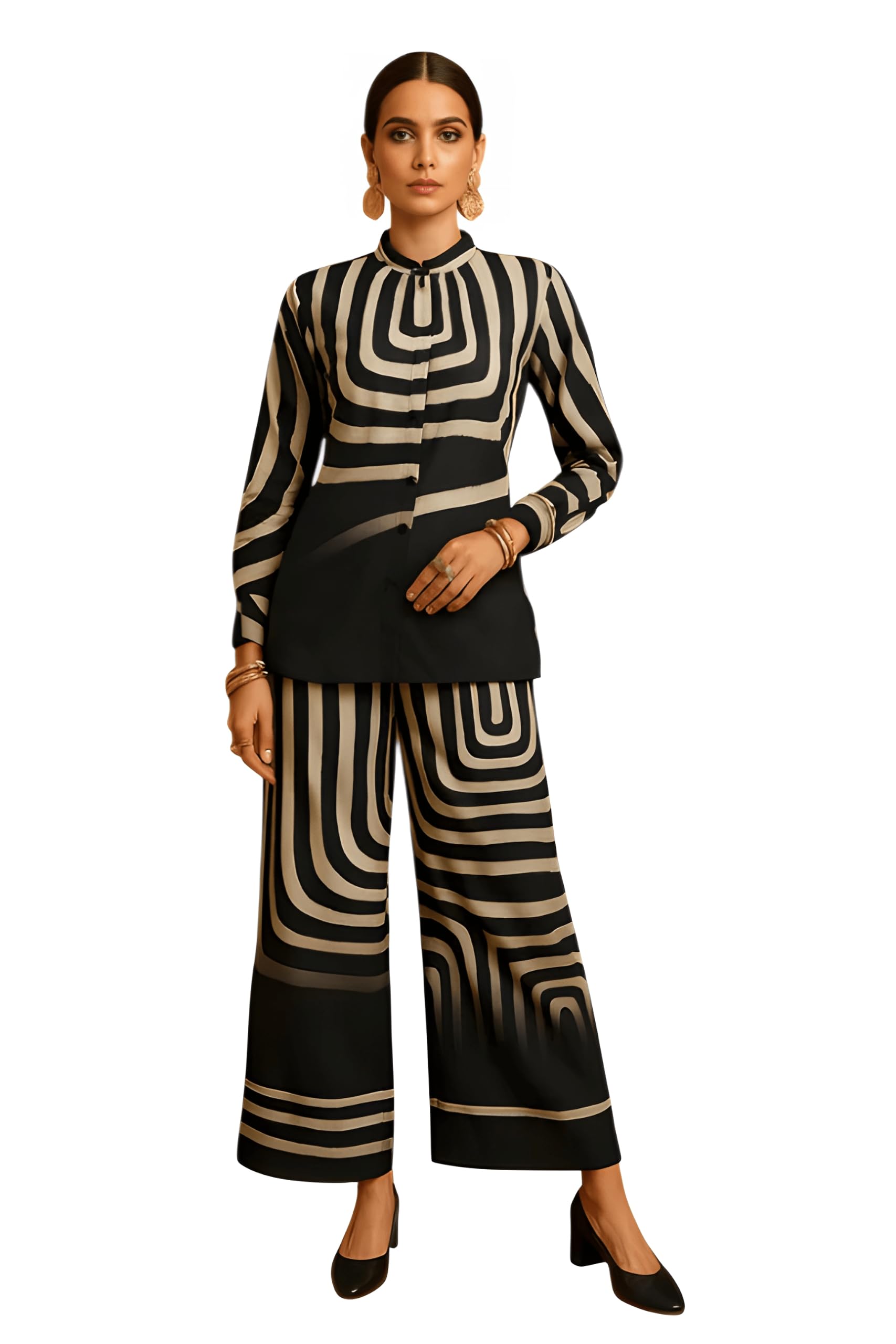Women's Co-ord Set, Black and White Abstract Print, Free Size, Rayon-Blend, Full-Sleeve Shirt with Straight-Fit Pants-image-38