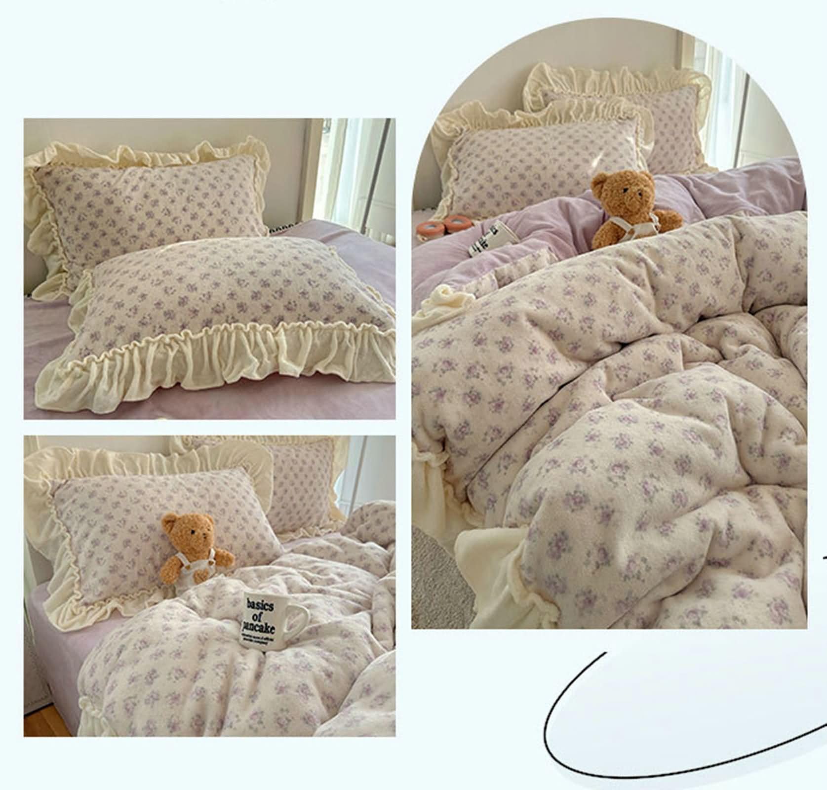 4-częściowy zestaw pościeli, poszwa na kołdrę 200 x 230 cm, prześcieradło z gumką 150 x 200 cm i 2 poszewki na poduszkę, wzór kwiatowy z falbankami, miękki aksamit, różowo-fioletowy
