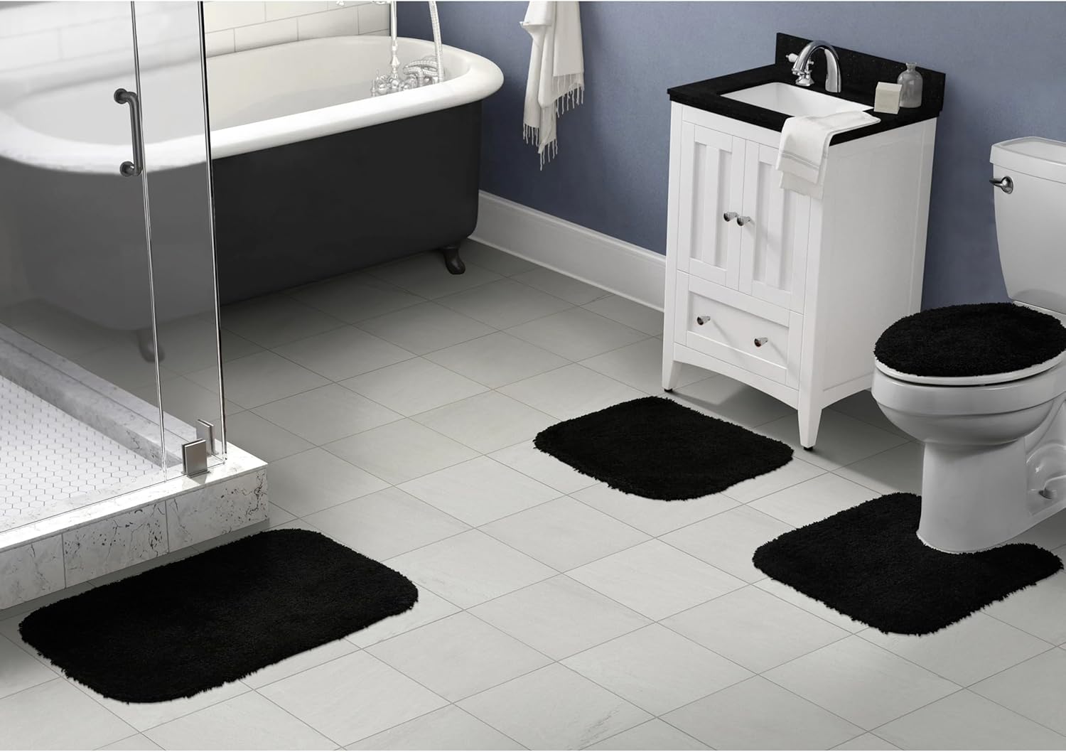 Garland Rug Serendipity Black 4 Piece Set (Contour Rug, 3 Bath Rugs) Shaggy Nylon Washable Bathroom Rug Set - Soft, Absorbent, and Stylish for Your Bathroom