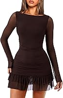 OZICERD Women's Boat Neck Long Sleeve Bodycon Mini Dress Ruffle Mesh Hem Sexy Club Cocktail Party Outfit