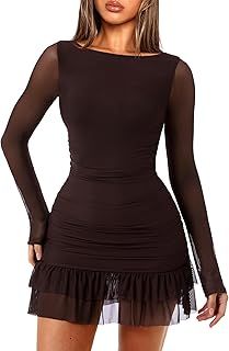 Women Boat Neck Bodycon Mini Dresses Long Sleeve Going Out Dress Ruffle Mesh Short Elegant Club Cocktail Party Dress