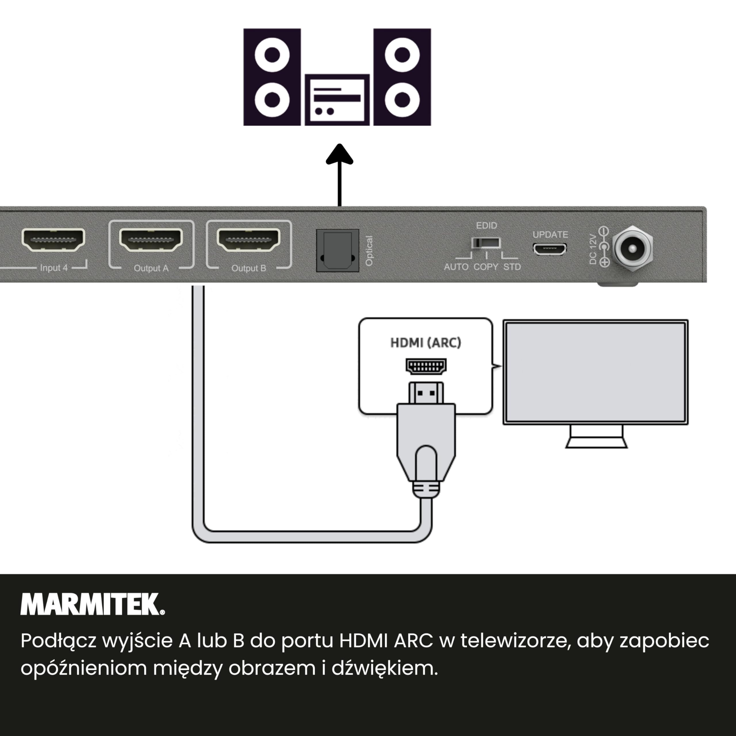 Marmitek MS420 - Matryca HDMI 4x2 4K60 do TV i projektora ARC CEC | Przełącznik matrix HDMI 2.0, 4 źródła na 2 ekrany, downscaler 1080p, Toslink, ARC, CEC, EDID i pilot